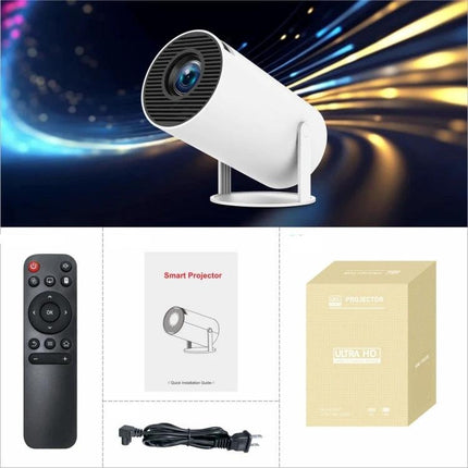 Portable Smart Projector with Android for Home Streaming showing white mini projector, remote, power cable and box