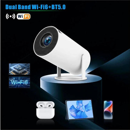 Portable Smart Projector with Android for Home Streaming showing white portable projector with WiFi Bluetooth and connected devices