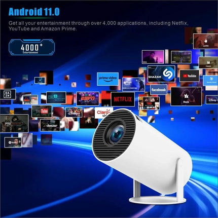 Portable Smart Projector with Android for Home Streaming showing white cylindrical projector with Android 11 streaming apps background