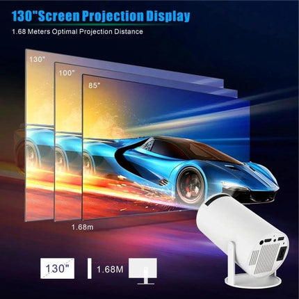 Portable Smart Projector with Android for Home Streaming showing 130" screen projection, 1.68m distance, built-in WiFi and Bluetooth for home use