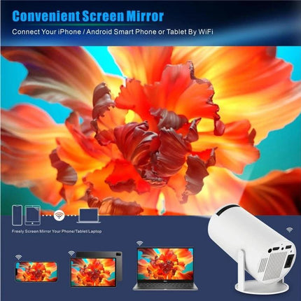 Portable Smart Projector with Android for Home Streaming showing screen mirroring from phone, tablet and laptop with vibrant floral display