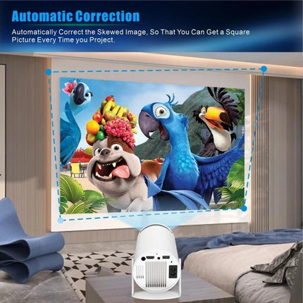 Portable Smart Projector with Android for Home Streaming projecting animated movie on living room wall with automatic correction and WiFi Bluetooth connectivity