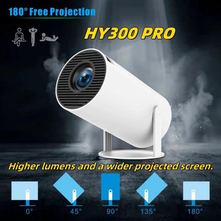 Portable Smart Projector with Android for Home Streaming - compact HY300 PRO projector with WiFi, Bluetooth and 180° adjustable stand for home use