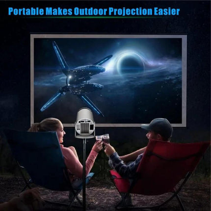 Portable Smart Projector with Android for Home Streaming showing couple enjoying outdoor movie night with WiFi Bluetooth mirroring