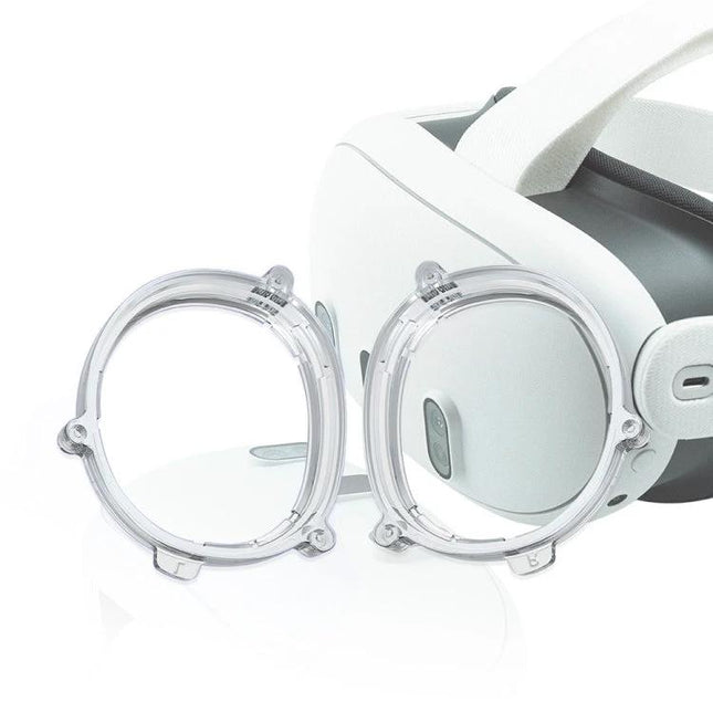 Protective Magnetic Frame for Meta Quest 3 with Anti-Blue Light Lenses shown beside white Meta Quest 3 headset