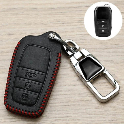 Toyota Car Key Cover With Anti Lost Keychain A To K - black fiber synthetic leather case with red stitching and rotating metal buckle