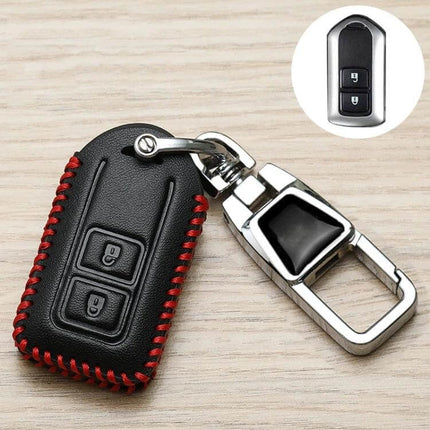 Toyota Car Key Cover With Anti Lost Keychain A To K - black fiber synthetic leather protective case with red stitching and metal rotating buckle