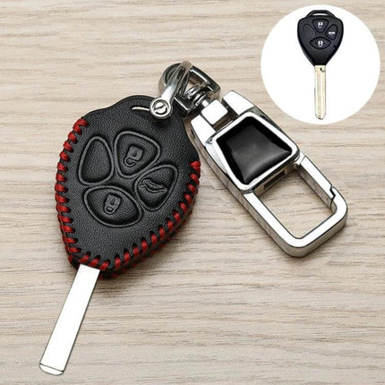 Toyota Car Key Cover With Anti Lost Keychain A To K - black fiber synthetic leather cover with red stitching and metal 360° rotating buckle