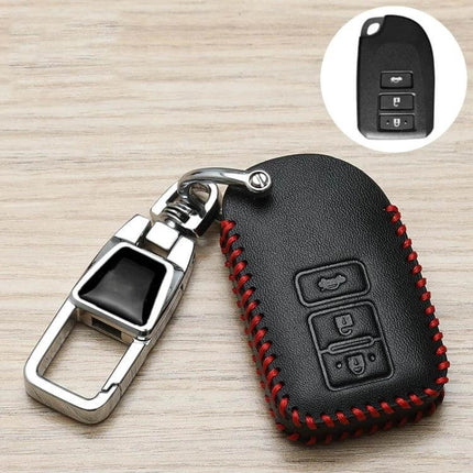 Toyota Car Key Cover With Anti Lost Keychain A To K black fiber synthetic leather cover with red stitching and metal rotating buckle