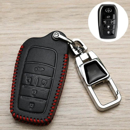 Toyota Car Key Cover With Anti Lost Keychain A To K black fiber synthetic leather case with red stitching and metal rotating buckle