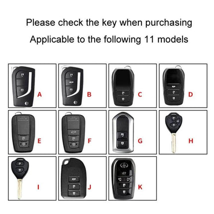 Toyota Car Key Cover With Anti Lost Keychain A To K shown fitted to 11 compatible Toyota key fob models A–K, fiber synthetic leather protective case with metal buckle