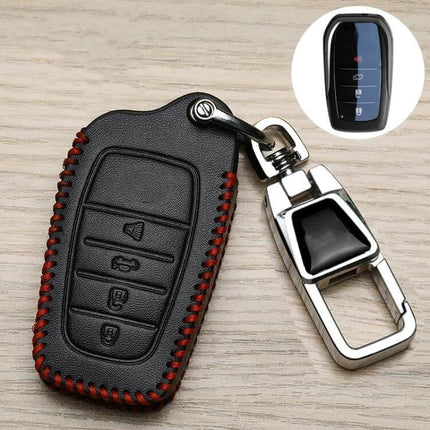 Toyota Car Key Cover With 360 Degree Rotating Buckle - black synthetic leather fob cover with red stitching and metal rotating buckle