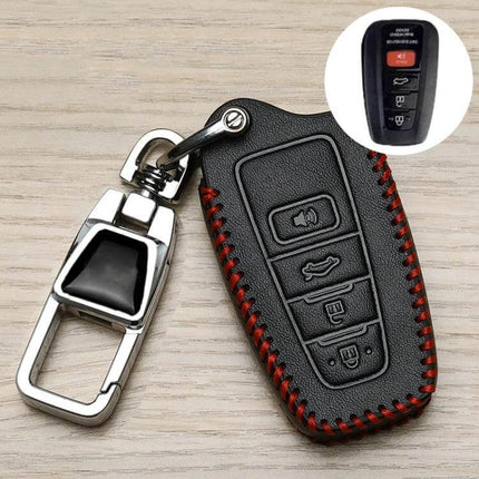 Toyota Car Key Cover With 360 Degree Rotating Buckle - black synthetic leather fob cover with red stitching and metal swivel buckle