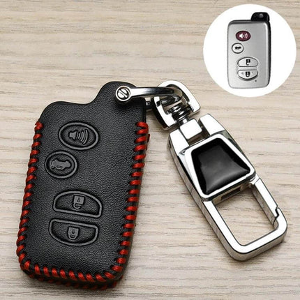 Toyota Car Key Cover With 360 Degree Rotating Buckle - black synthetic leather with red stitching and metal 360-degree rotating buckle