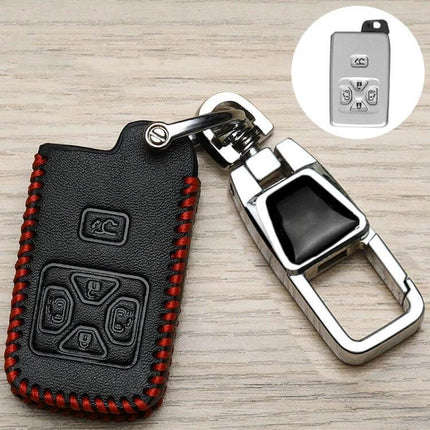 Toyota Car Key Cover With 360 Degree Rotating Buckle - black synthetic leather case with red stitch and metal rotating buckle, slim protective fob holder