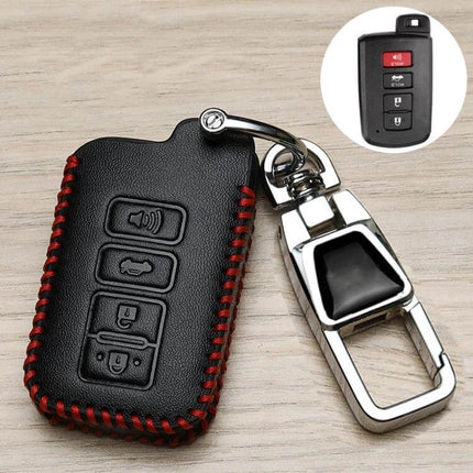 Toyota Car Key Cover With 360 Degree Rotating Buckle - black synthetic leather fob cover with red stitching and metal rotating buckle
