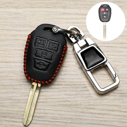 Toyota Car Key Cover With 360 Degree Rotating Buckle - black synthetic leather case with red stitching and metal rotating buckle