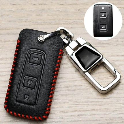 Toyota Car Key Cover With 360 Degree Rotating Buckle black synthetic leather case with red stitching and metal rotating buckle
