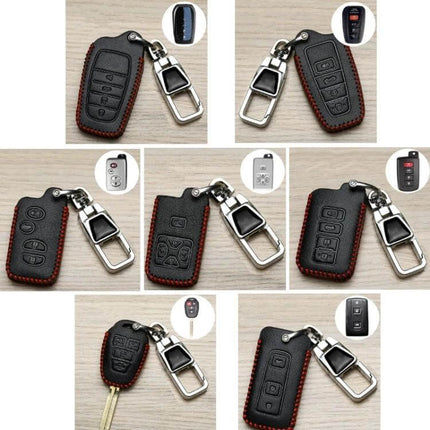 Toyota Car Key Cover With 360 Degree Rotating Buckle - black synthetic leather case with red stitching and metal rotating buckle