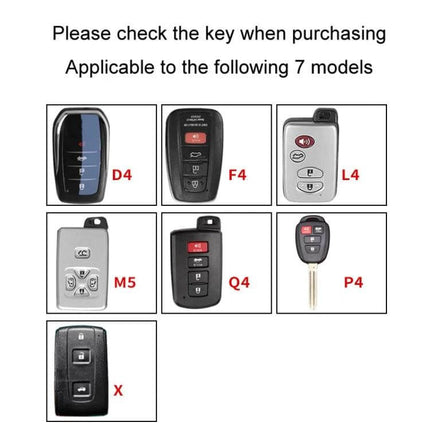 Toyota Car Key Cover With 360 Degree Rotating Buckle showing 7 compatible Toyota key fob models (D4 F4 L4 M5 Q4 P4 X)