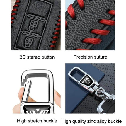 Toyota Car Key Cover With 360 Degree Rotating Buckle – black synthetic leather with red stitching, 3D buttons and high-quality zinc alloy rotating buckle