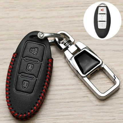 Nissan Car Key Cover Keychain With 360 Degree Rotating Buckle - black synthetic leather protective key fob cover with metal rotating buckle