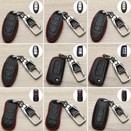Nissan Car Key Cover Keychain With 360 Degree Rotating Buckle in black fiber synthetic leather with red stitching and metal swivel clasp