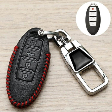Nissan Car Key Cover Keychain With 360 Degree Rotating Buckle protecting key fob in black synthetic leather with red stitch and metal swivel clasp