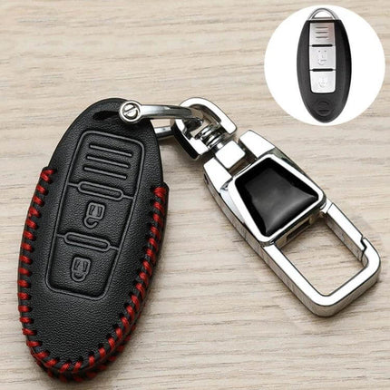 Nissan Car Key Cover Keychain With 360 Degree Rotating Buckle - black synthetic leather protective fob case with red stitching and metal swivel clasp