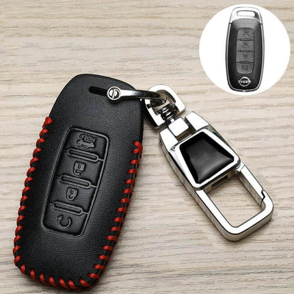 Nissan Car Key Cover Keychain With 360 Degree Rotating Buckle - black fiber synthetic leather case with red stitching and swivel metal buckle