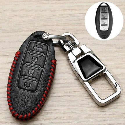 Nissan Car Key Cover Keychain With 360 Degree Rotating Buckle - black fiber leather key fob cover with red stitching and metal rotating buckle