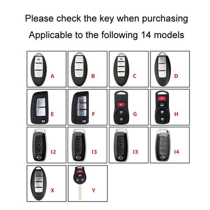 Nissan Car Key Cover Keychain With 360 Degree Rotating Buckle showing 14 compatible key fob models for correct fit and purchase selection