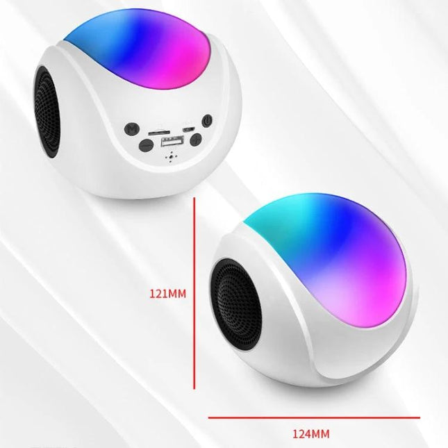 Portable Bluetooth Speaker Compact For Home And Travel Use white mini speaker with RGB top, dual drivers, controls and 1200mAh battery