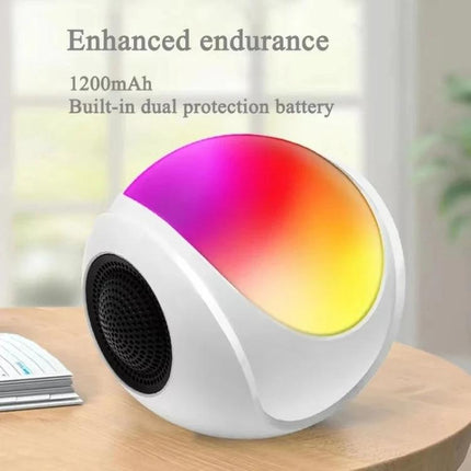 Portable Bluetooth Speaker Compact For Home And Travel Use showing white spherical speaker with 1200mAh battery and color ambient light