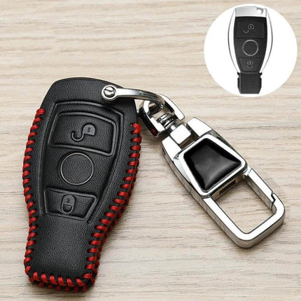 Mercedes-Benz Car Key Cover Anti-Lost Keychain With Protective Design - black synthetic leather with red stitching and metal keyring