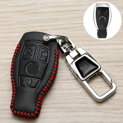 Mercedes-Benz Car Key Cover Anti-Lost Keychain With Protective Design - black synthetic leather slim protective key fob cover with red stitching