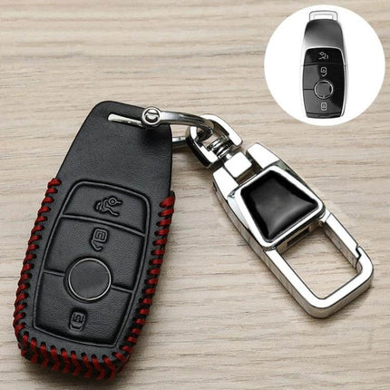 Mercedes-Benz Car Key Cover Anti-Lost Keychain With Protective Design black synthetic leather cover with red stitch and metal keyring