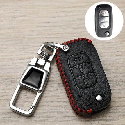 Mercedes-Benz Car Key Cover Anti-Lost Keychain With Protective Design — black synthetic leather case with red stitching and metal keyring