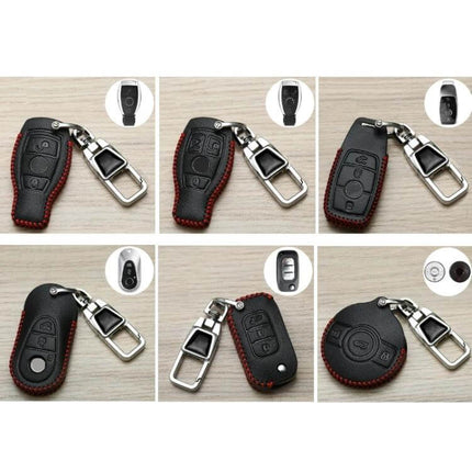 Mercedes-Benz Car Key Cover Anti-Lost Keychain With Protective Design slim black synthetic leather case with red stitching and metal keyring