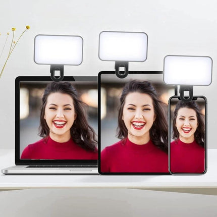 Clip-On Light for Everyday Video Calls and Selfies clipped to laptop, tablet, and phone providing bright, even illumination for video calls and selfies
