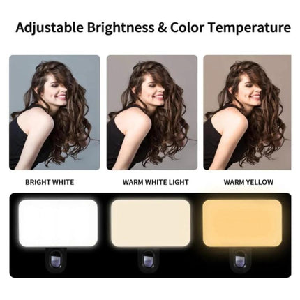 Clip-On Light for Everyday Video Calls and Selfies showing adjustable brightness and color temperature with bright white, warm white, warm yellow modes