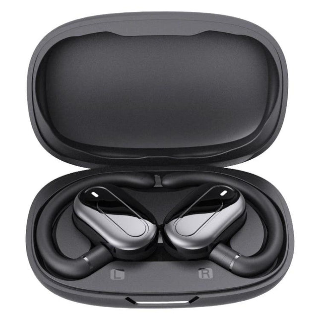 Open Fit Bluetooth Earphones With Case For Commuting in compact charging case, open-fit buds with ear hooks for stable commute