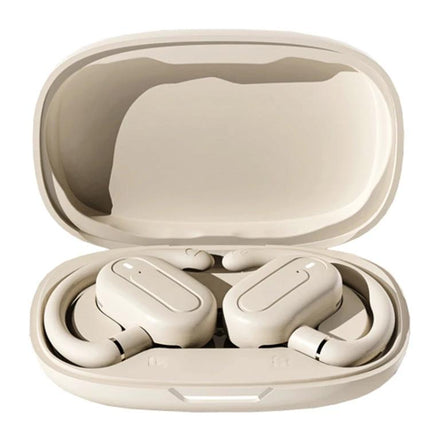 Open Fit Bluetooth Earphones With Case For Commuting in beige open charging case showing earbuds with earhooks and touch controls
