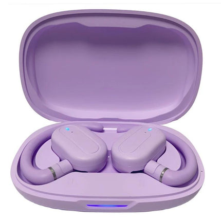 Open Fit Bluetooth Earphones With Case For Commuting shown in lilac with compact charging case and earhooks for active use