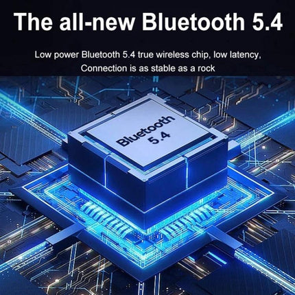 Open Fit Bluetooth Earphones With Case For Commuting showing Bluetooth 5.4 chip graphic, lightweight open-fit earbuds case