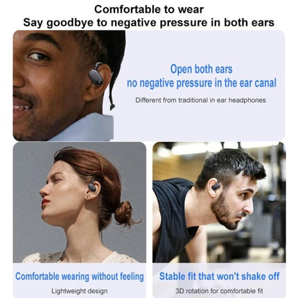 Open Fit Bluetooth Earphones With Case For Commuting showing lightweight open-fit earbuds in ear, stable fit, commuting and workouts