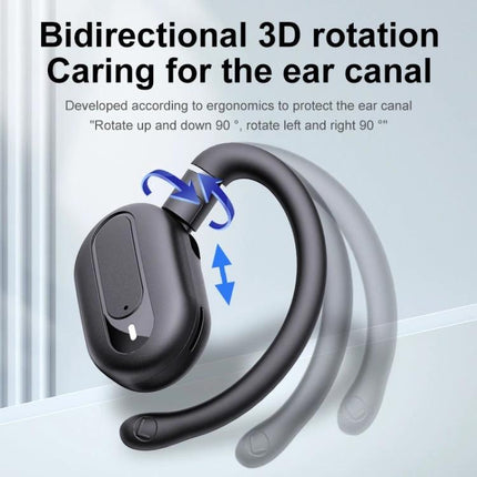 Open Fit Bluetooth Earphones With Case For Commuting black open-fit earhook earbuds showing bidirectional 3D rotation for comfort