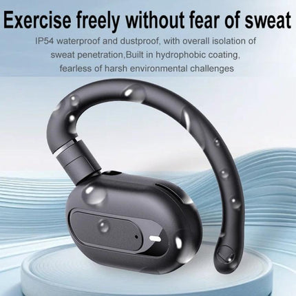 Open Fit Bluetooth Earphones With Case For Commuting showing water-resistant open-fit earhook earbud with sweat droplets