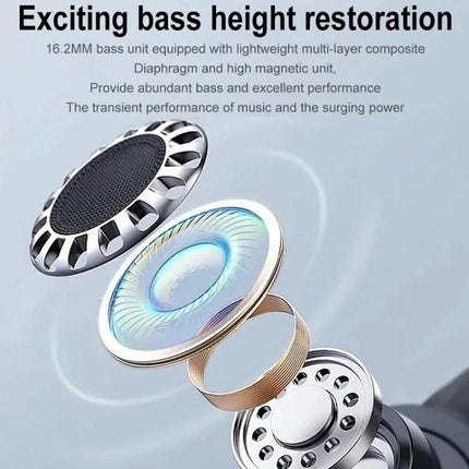 Open Fit Bluetooth Earphones With Case For Commuting showing exploded view of earbud driver layers and bass components