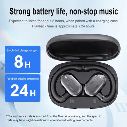 Open Fit Bluetooth Earphones With Case For Commuting showing black earbuds in charging case with 8H single charge and 24H total playtime